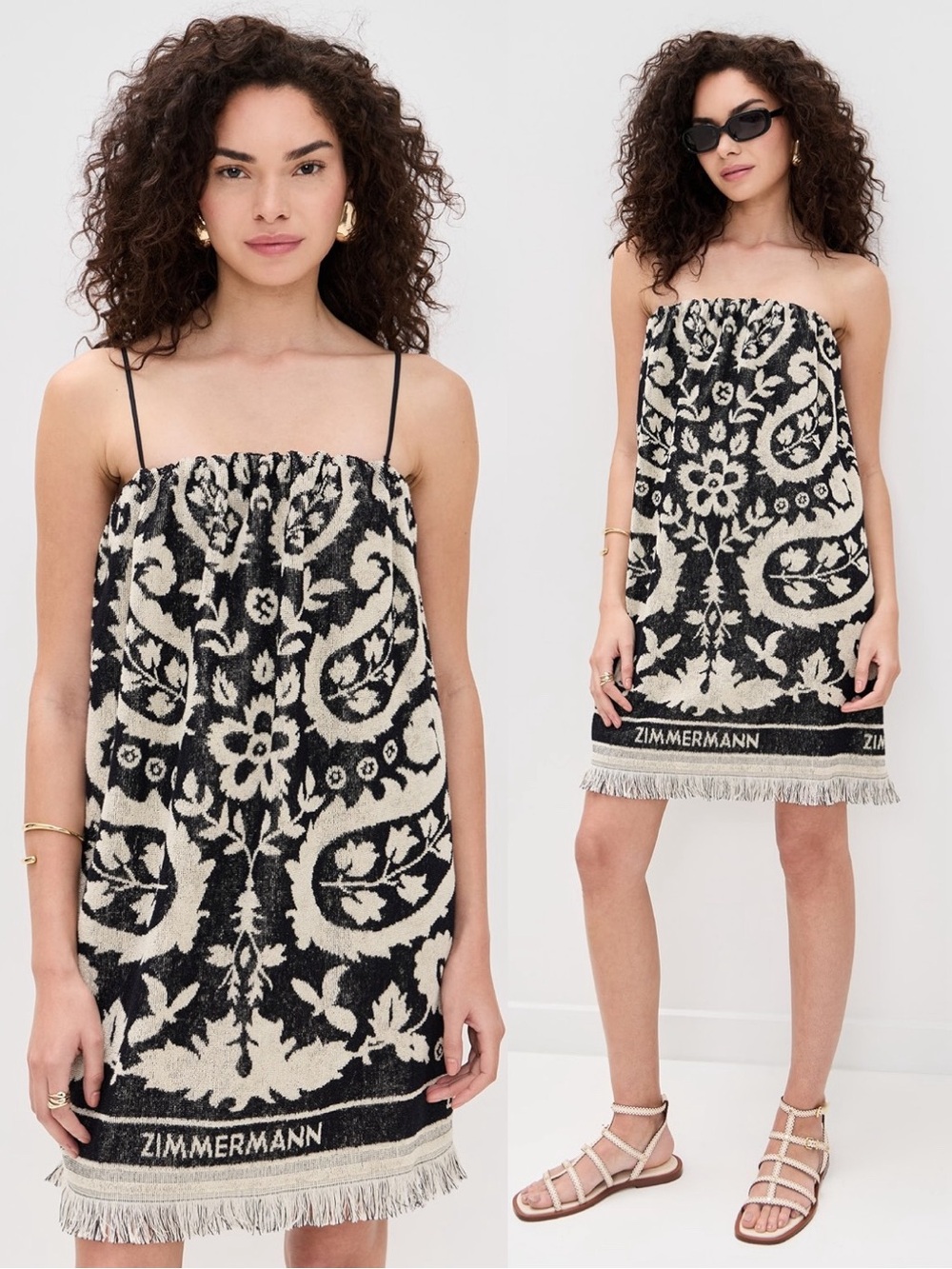 Zimmermann Rhiannon Fringed Terry Cloth Mini Dress Black Cream US 8 AU 2 NWT